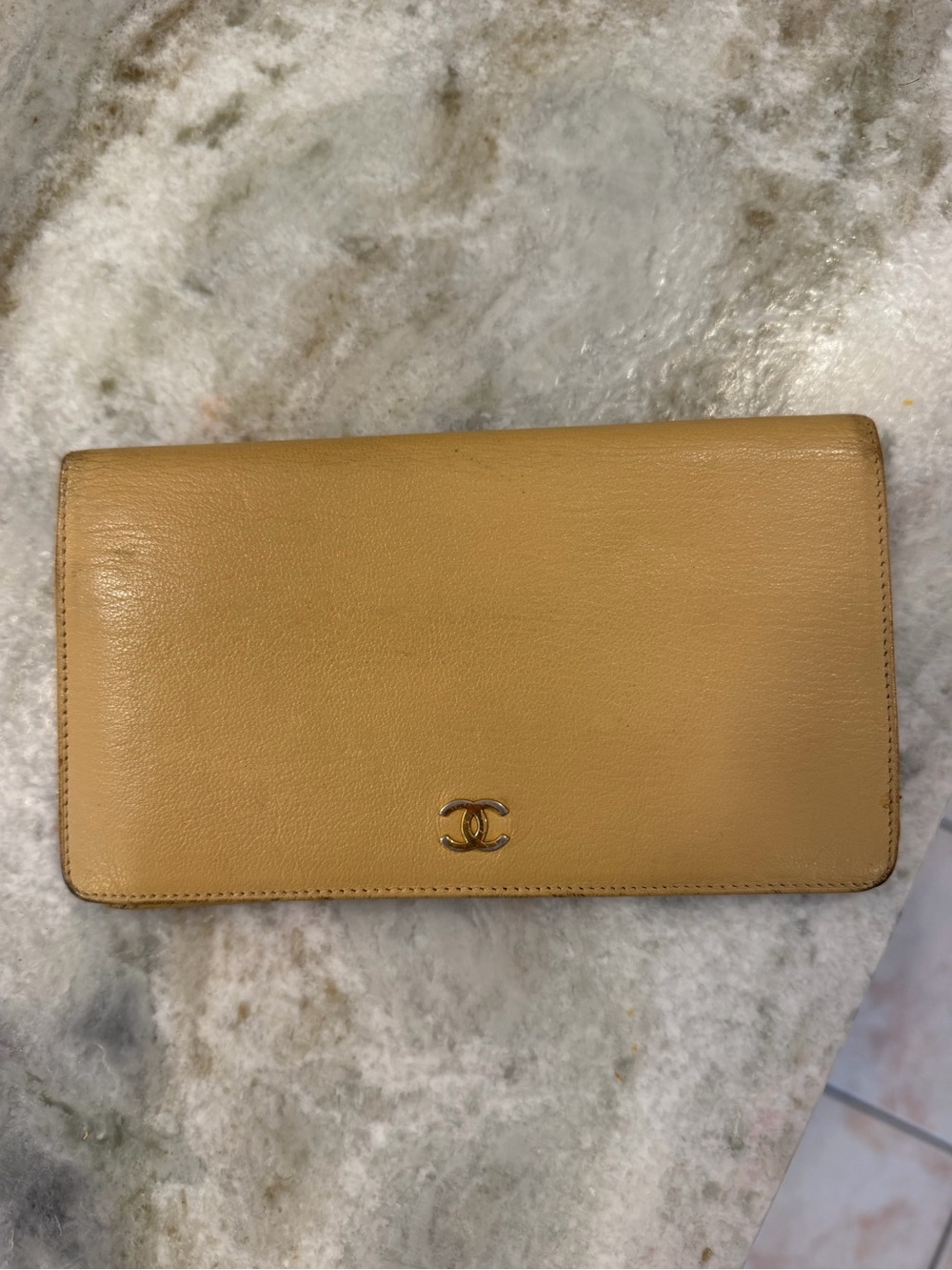 CHANEL Camel Leather Wallet with Gold CC Emblem
